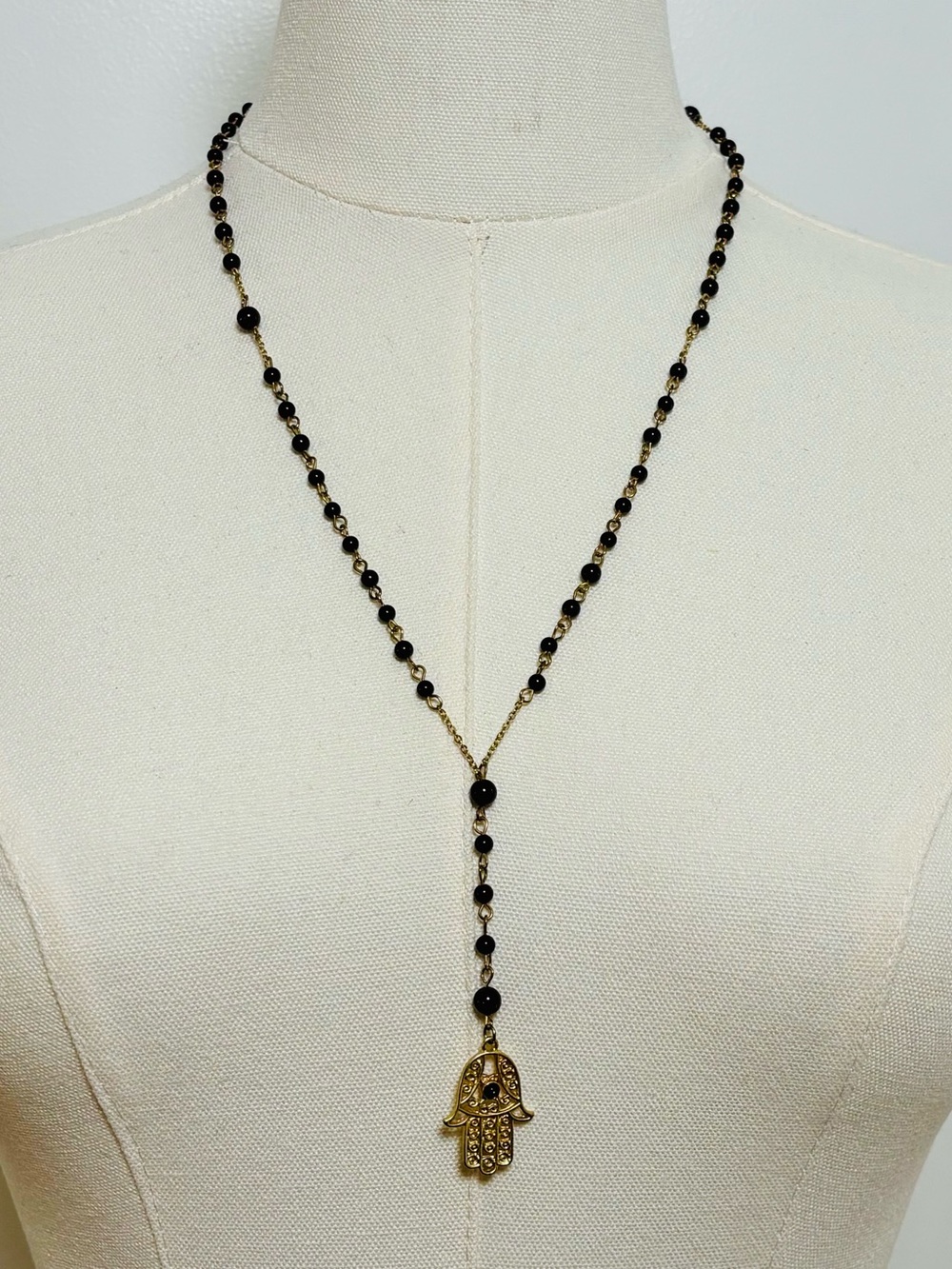 Bronze Brown Beaded Gold-Tone Women’s Hamsa Hand “Hand of God” Lariat Y-Necklace